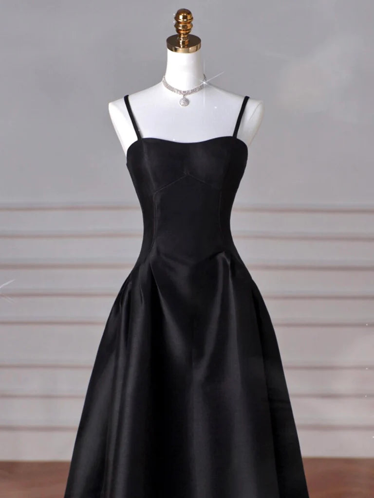 A-Line Sweetheart Neck Satin Black Long Prom Dress