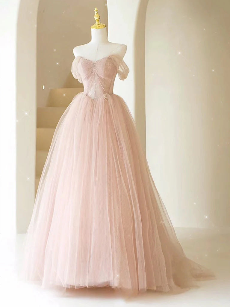 Pink Tulle and Lace High Neckline Long Party Dress, A-line Tulle Pink Prom Dress main image 0