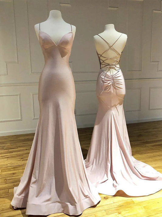 V Neck Satin Pink Long Prom Dress Pink Satin Long Formal Dress