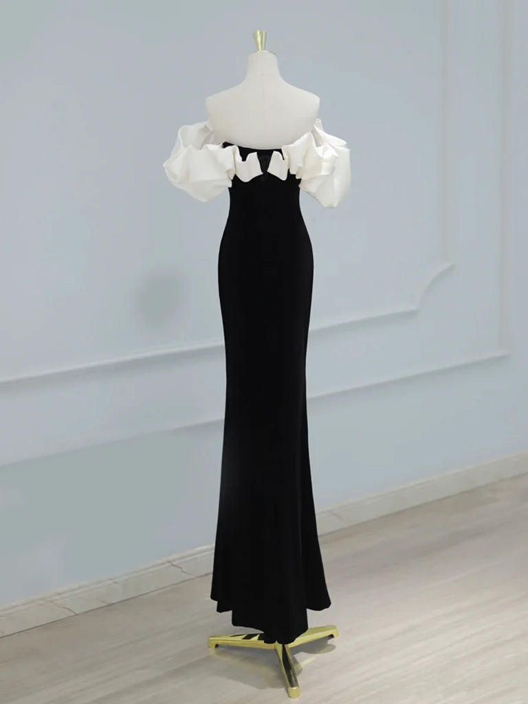 Off Shoulder Velvet Satin Black Long Prom Dress Black Long Party Dress