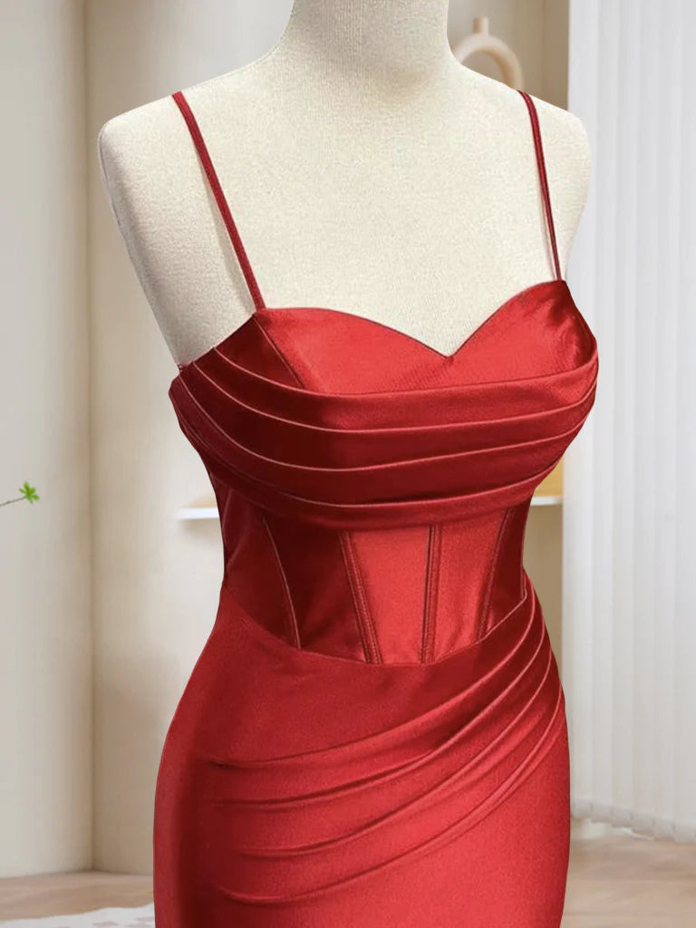 Sweetheart Neck Satin Mermaid Burgundy Long Prom Dress Burgundy Evening Dress