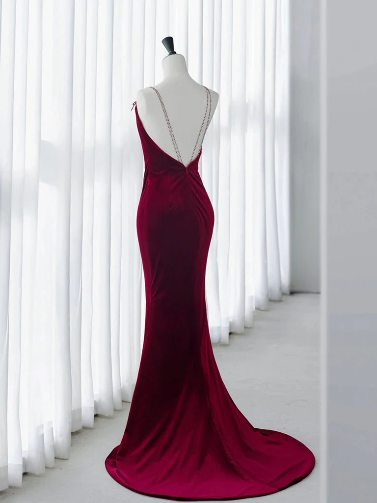 Simple Velvet Mermaid Burgundy Long Prom Dress