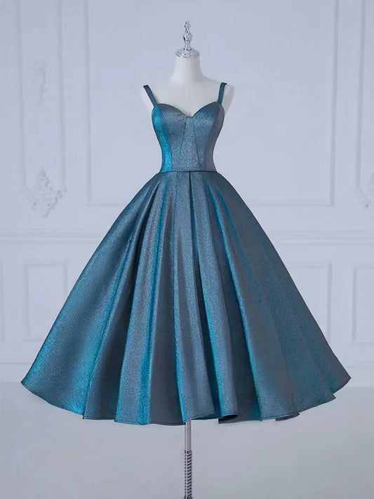 A-Line Sweetheart Neck Satin Tea Length Blue Party Dress