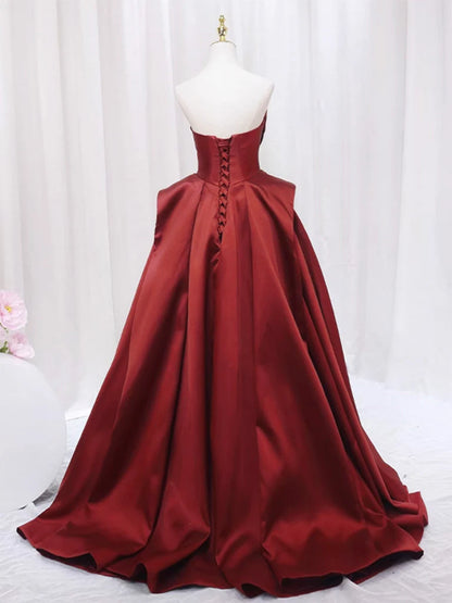 A-Line Satin Burgundy Long Prom Dress