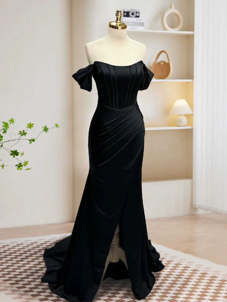 Off Shoulder Satin Mermaid Long Prom Dress Black Long Evening Dress