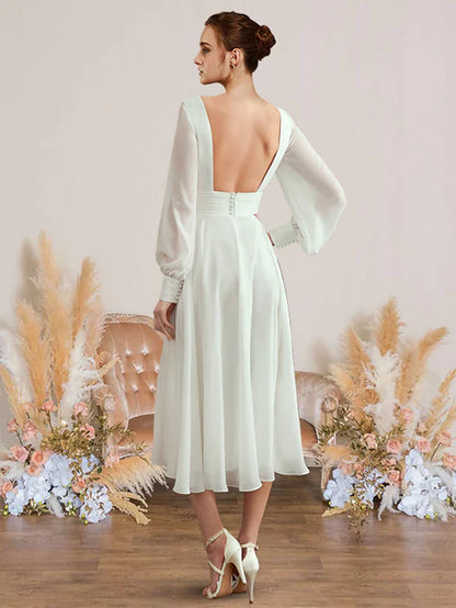 DingjiA-Line Wedding Dresses V Neck Tea Length Chiffon Long Sleeve Simple with Pleats