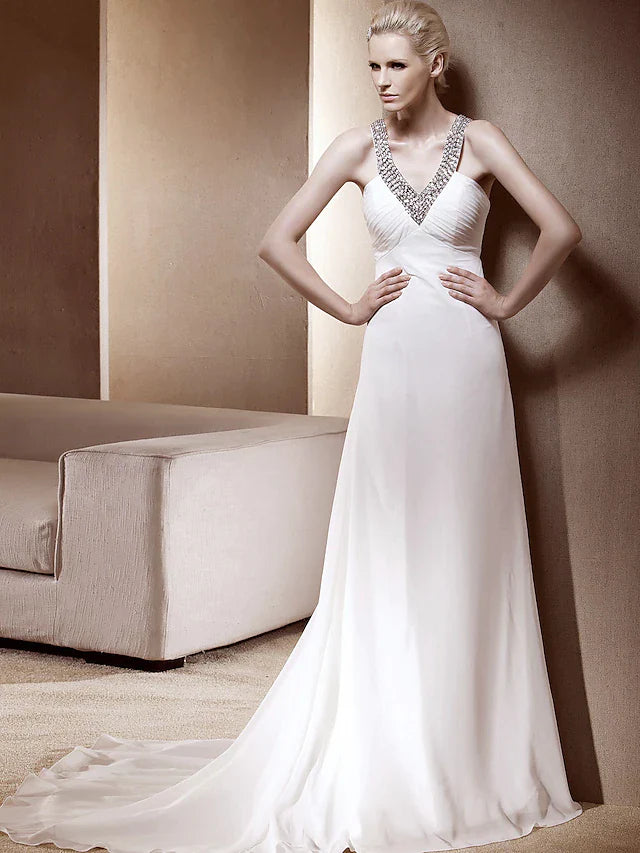 Princess A-Line Wedding Dresses V Neck Court Train Chiffon Sleeveless Sparkle & Shine with