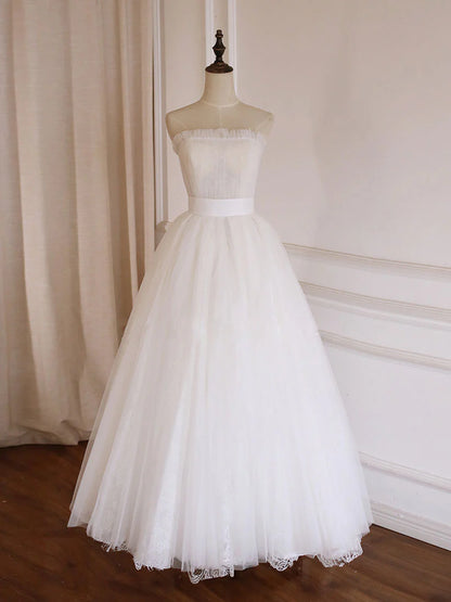 White A-Line Tulle Lace Long Prom Dress