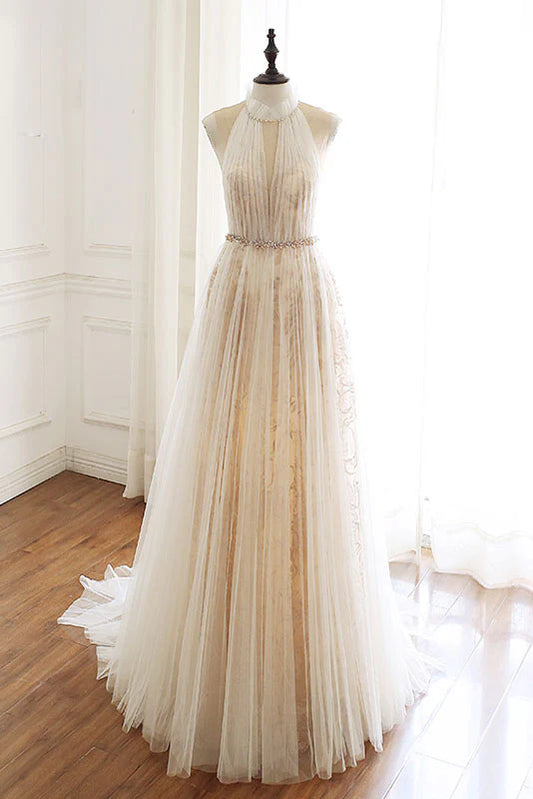 Light champagne tulle lace long prom dress formal dress