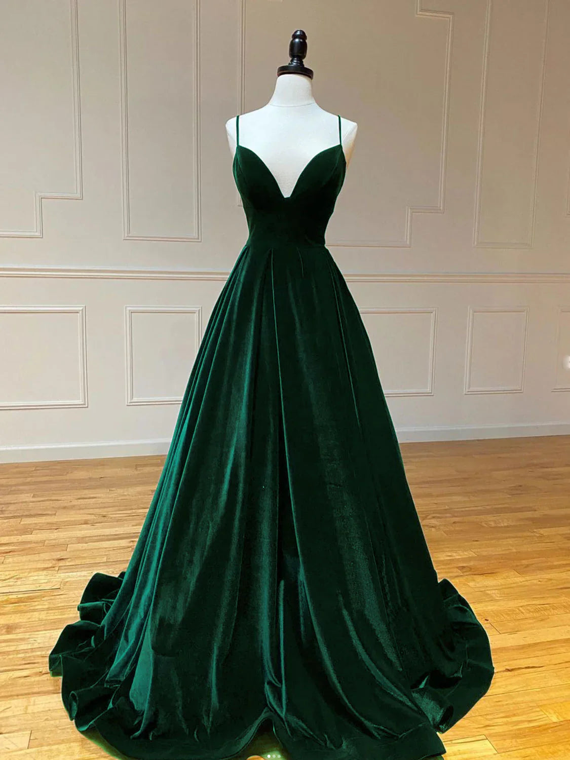 V Neck Velvet Green Long Prom Dresses Green Velvet Formal Dress