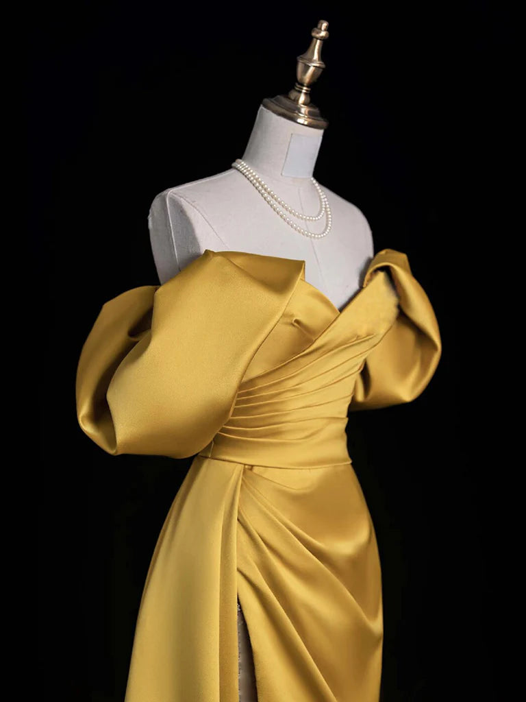 A-Line Off Shoulder Satin Gold Long Prom Dress Gold Long Evening Dress