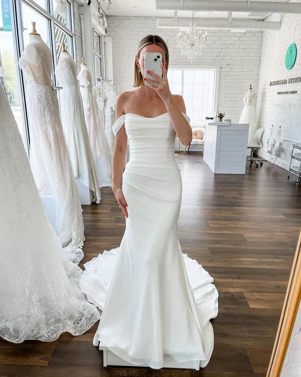 Elegant Mermaid Off the Shoulder Satin Wedding Dresses with Lace Long Sleeves VK25092303