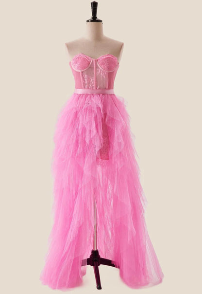 Hot Pink Removable Bustier Ruffles Long Prom Dress