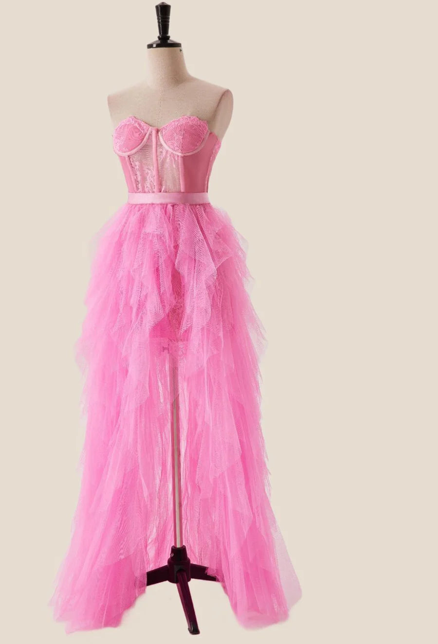 Hot Pink Removable Bustier Ruffles Long Prom Dress