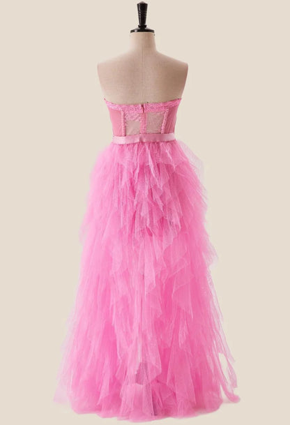 Hot Pink Removable Bustier Ruffles Long Prom Dress