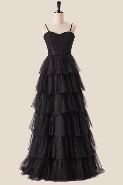 Straps Black Tiered Ruffles Long Prom Dress