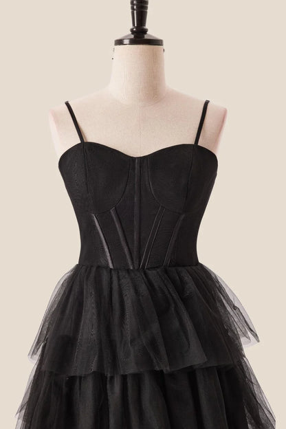 Straps Black Tiered Ruffles Long Prom Dress