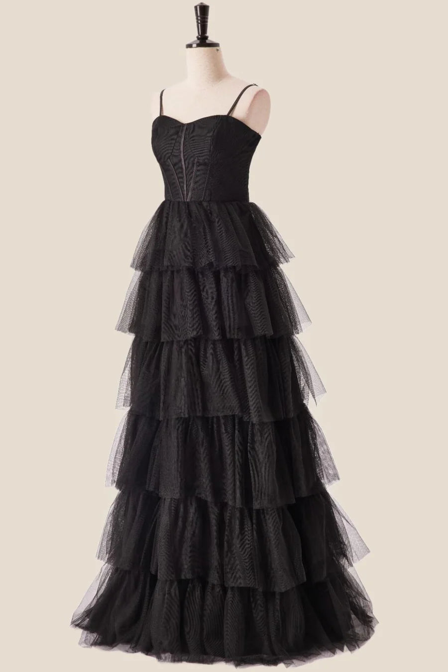 Straps Black Tiered Ruffles Long Prom Dress