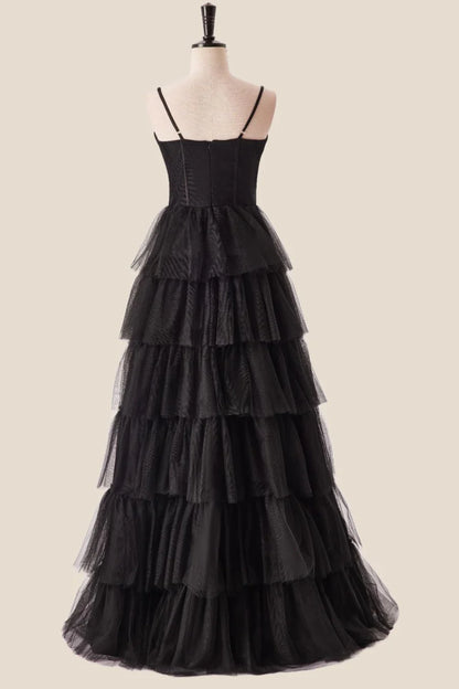 Straps Black Tiered Ruffles Long Prom Dress