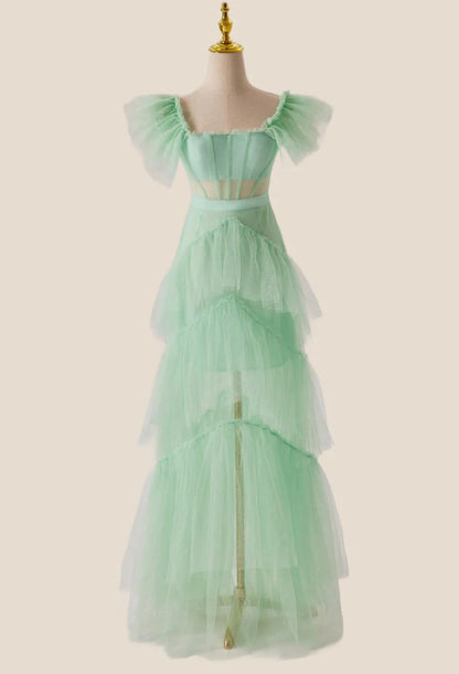 Mint Green Flare Sleeves Ruffles Long Prom Dress