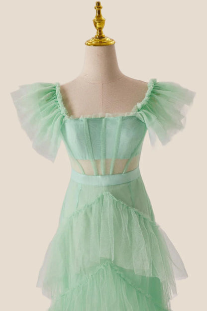 Mint Green Flare Sleeves Ruffles Long Prom Dress