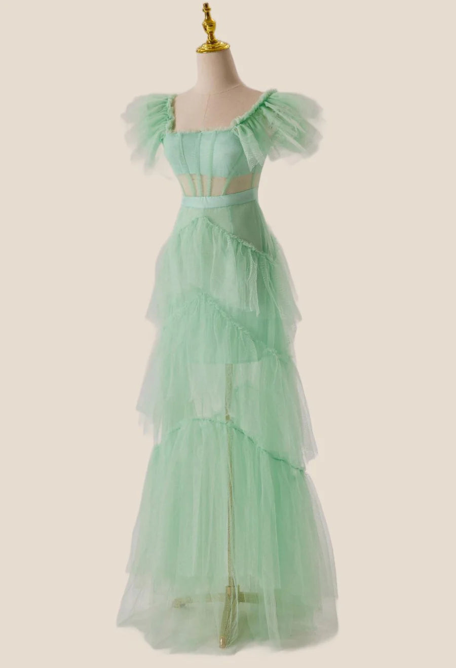 Mint Green Flare Sleeves Ruffles Long Prom Dress