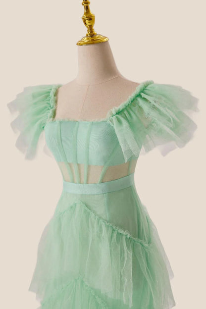 Mint Green Flare Sleeves Ruffles Long Prom Dress