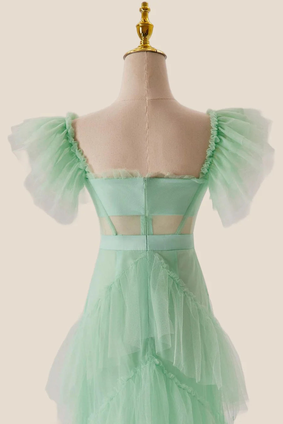 Mint Green Flare Sleeves Ruffles Long Prom Dress