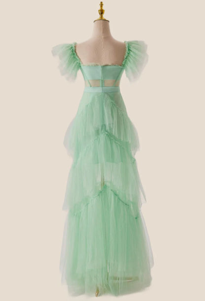 Mint Green Flare Sleeves Ruffles Long Prom Dress