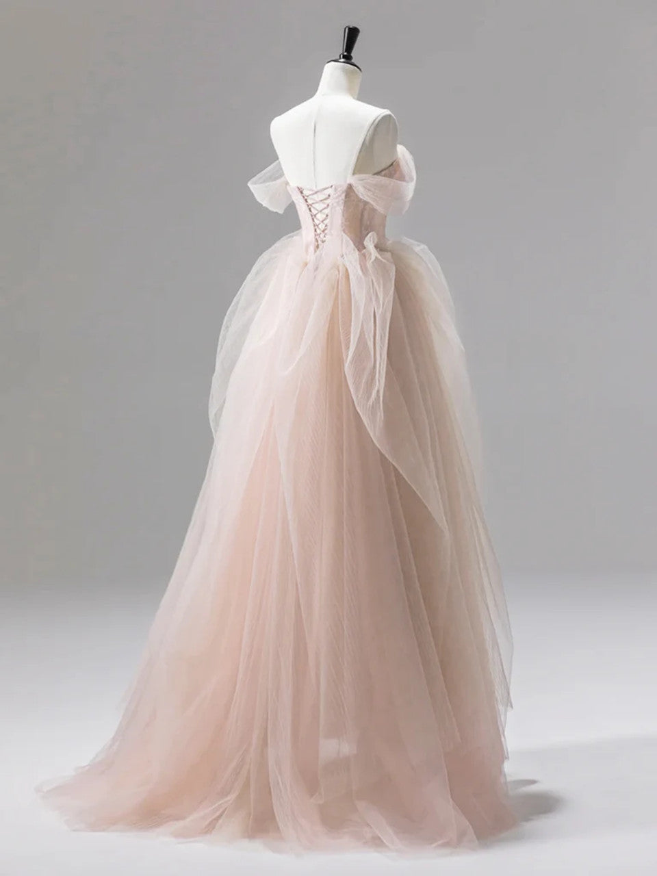 Champagne pink tulle short prom dress, Retract your waist  formal dress main image 1