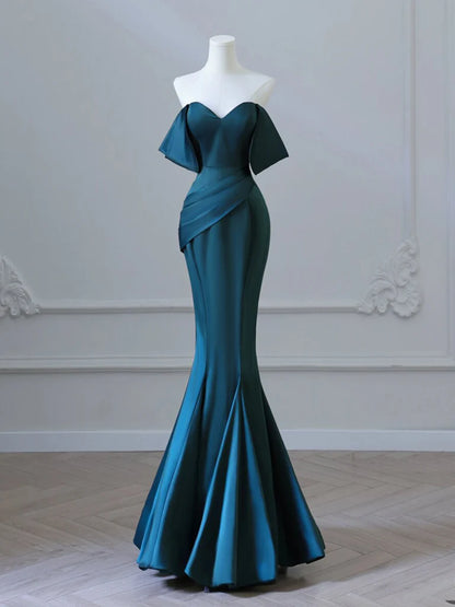 Off Shoulder Satin Ink Blue Long Prom Dress Ink Blue Long Formal Dress