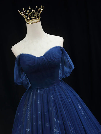 A-Line Off Shoulder Tulle Dark Blue Long Prom Dress