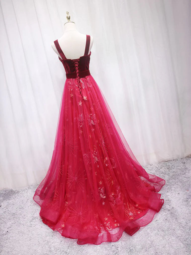 A-Line Burgundy Tulle Lace Long Prom Dress