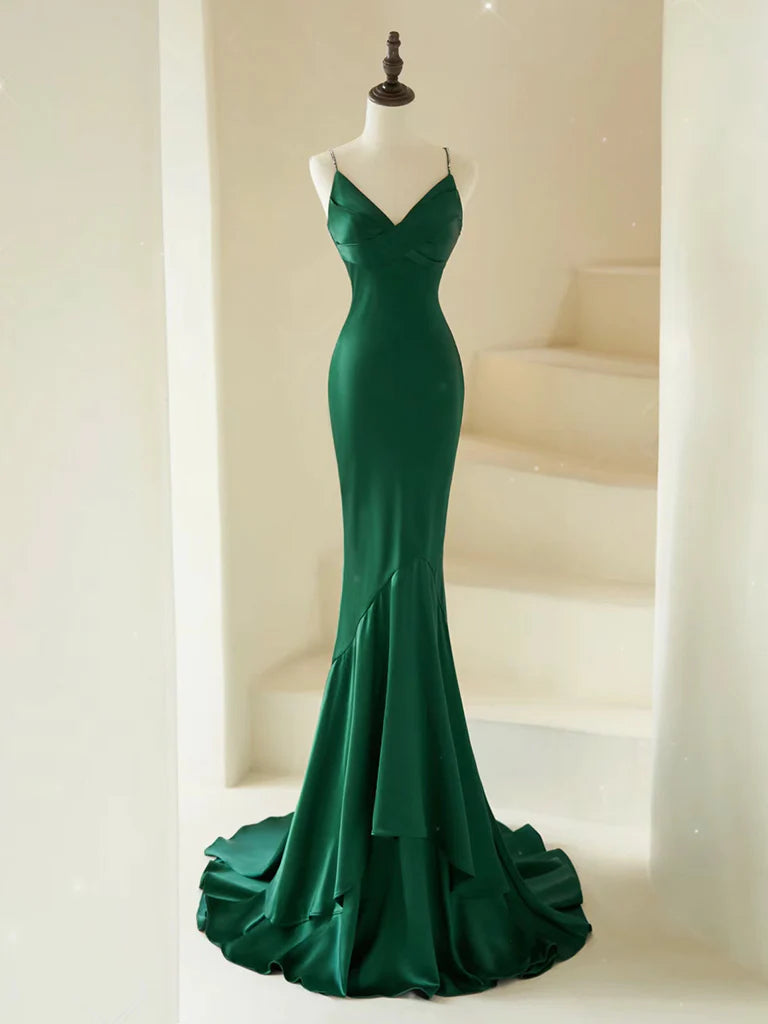 Mermaid V Neck Satin Green Long Prom Dress