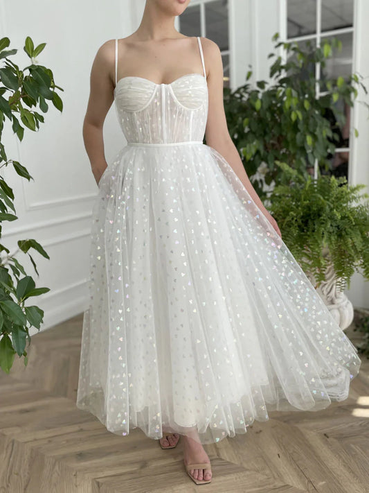 White sweetheart neck tulle tea length prom dress