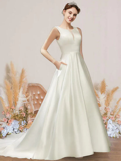 A-Line Wedding Dresses Jewel Neck Court Train Satin Short Sleeve Formal Simple with Pleats