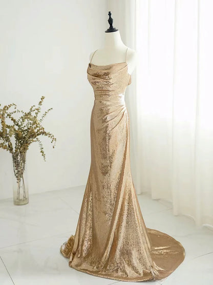 Backless Sequin Long Prom Dress Sequin Champagne Long Evening Dress