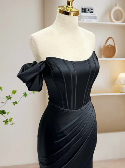 Off Shoulder Satin Mermaid Long Prom Dress Black Long Evening Dress