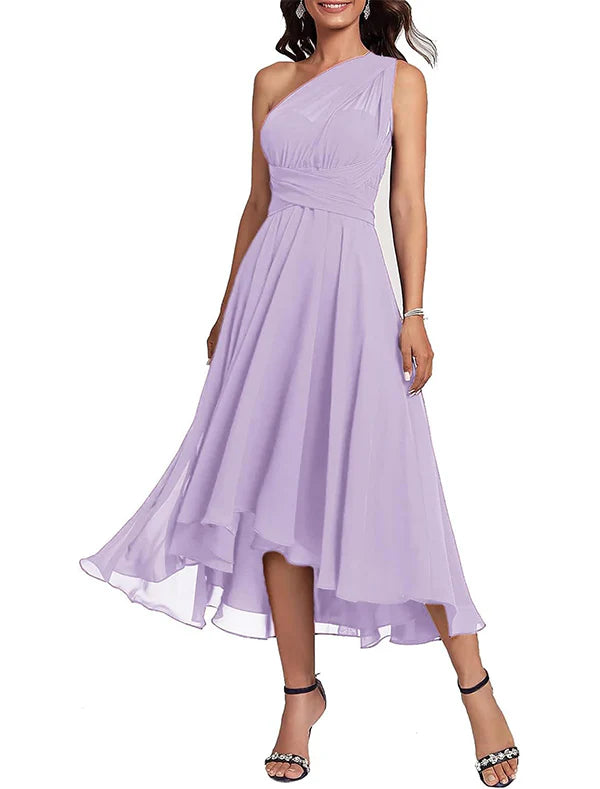 A-Line Blue Wedding Guest Dresses Convertible Infinity Mother Dress Formal Tea Length Sleeveless One Shoulder Chiffon with Ruched