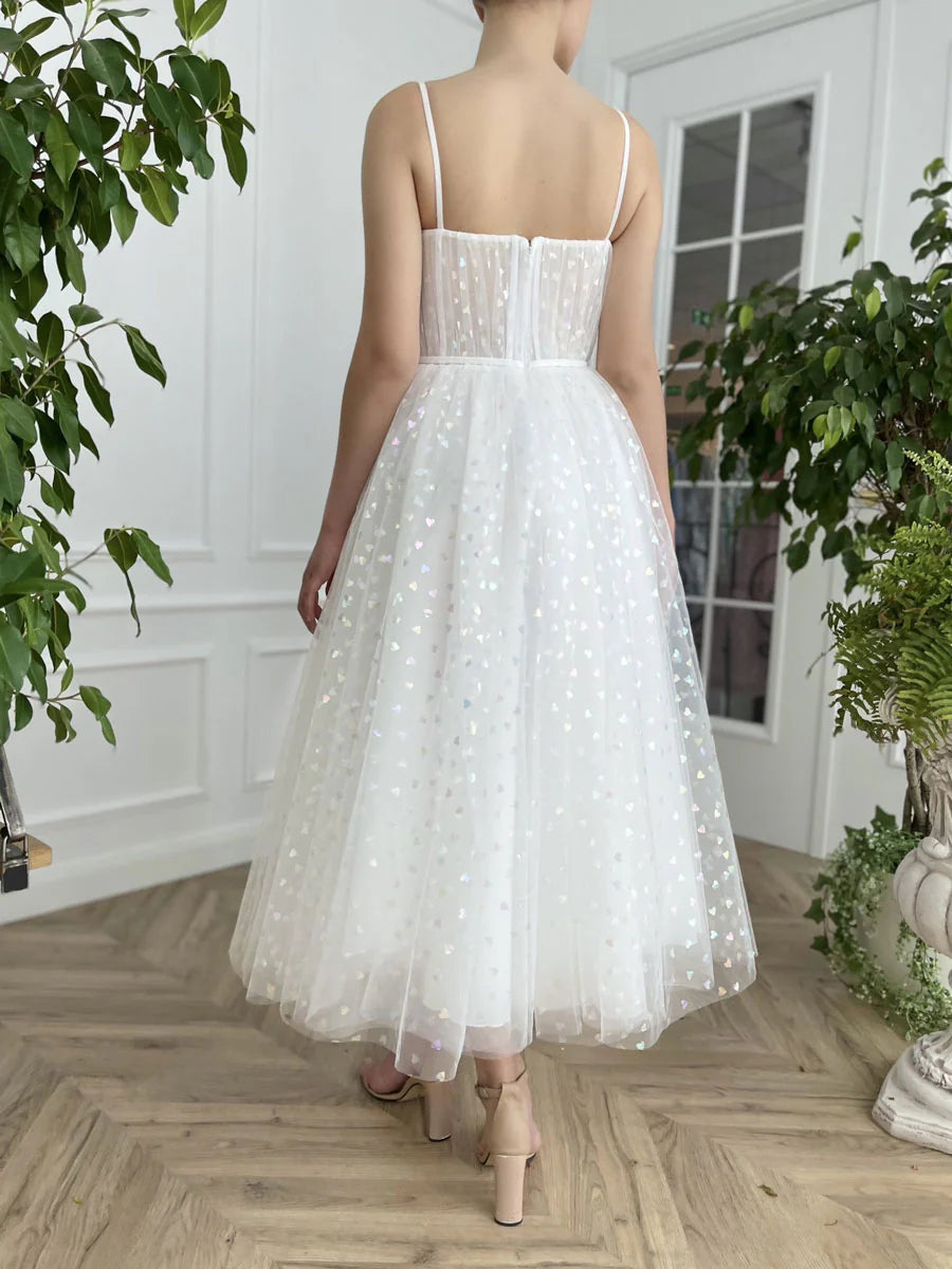 White sweetheart neck tulle tea length prom dress