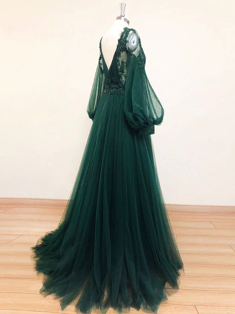 Green v neck lace A line long prom dress green tulle evening dress