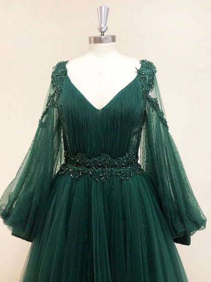 Green v neck lace A line long prom dress green tulle evening dress