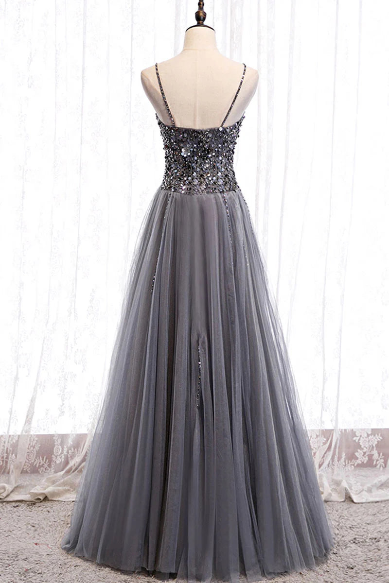 Gray tulle sweetheart neck sequin long prom dress gray formal dress