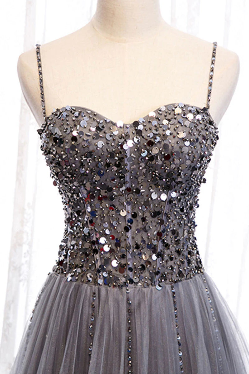 Gray tulle sweetheart neck sequin long prom dress gray formal dress