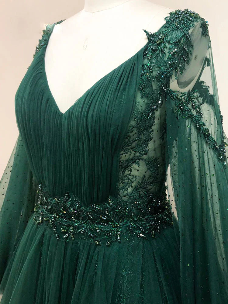 Green v neck lace A line long prom dress green tulle evening dress