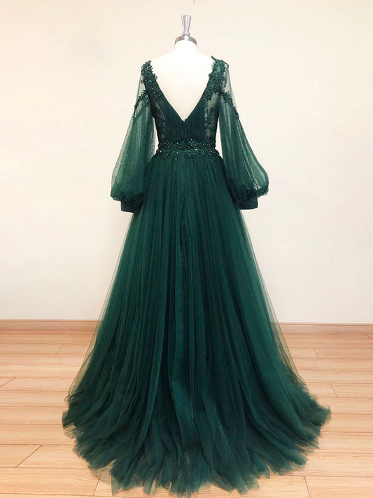 Green v neck lace A line long prom dress green tulle evening dress