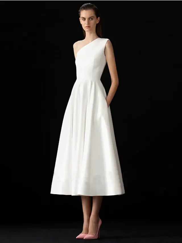 A-Line Wedding Dresses One Shoulder Tea Length Spandex Sleeveless Simple with Pleats