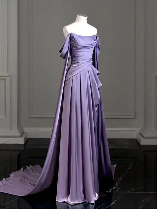 Purple Satin Prom Dress Draped Bodice Formal Party Dress