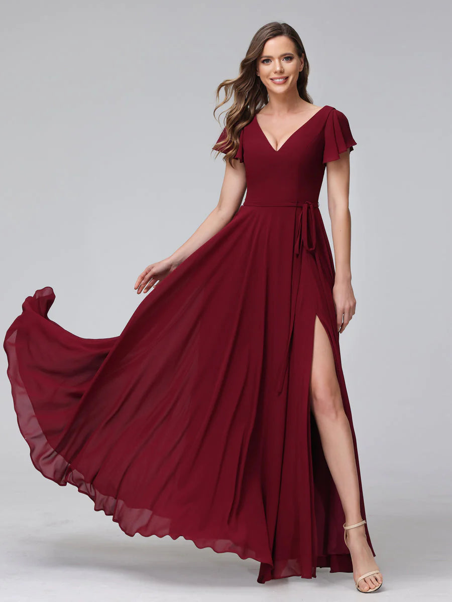 A-Line V-Neck Ruffles Short Sleeves Long Chiffon Dresses With Split Side