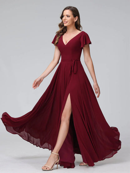 A-Line V-Neck Ruffles Short Sleeves Long Chiffon Dresses With Split Side